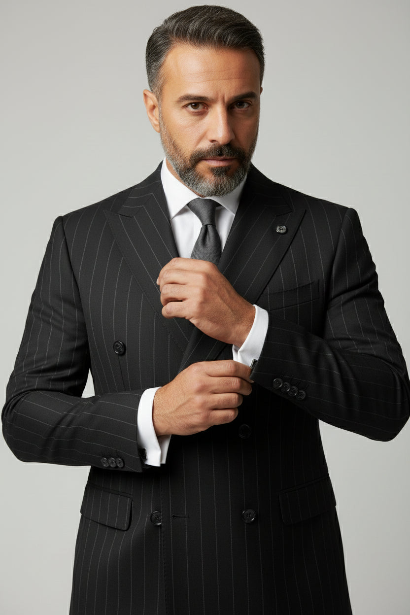 Man adjusting cuffs of black pinstripe double-breasted suit with elegant tailoring.