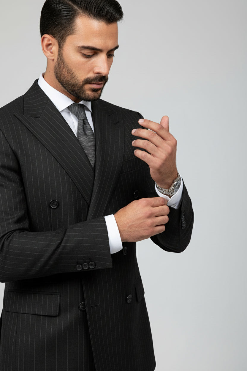 Man adjusting cuff of black pinstripe double-breasted suit for formal event.