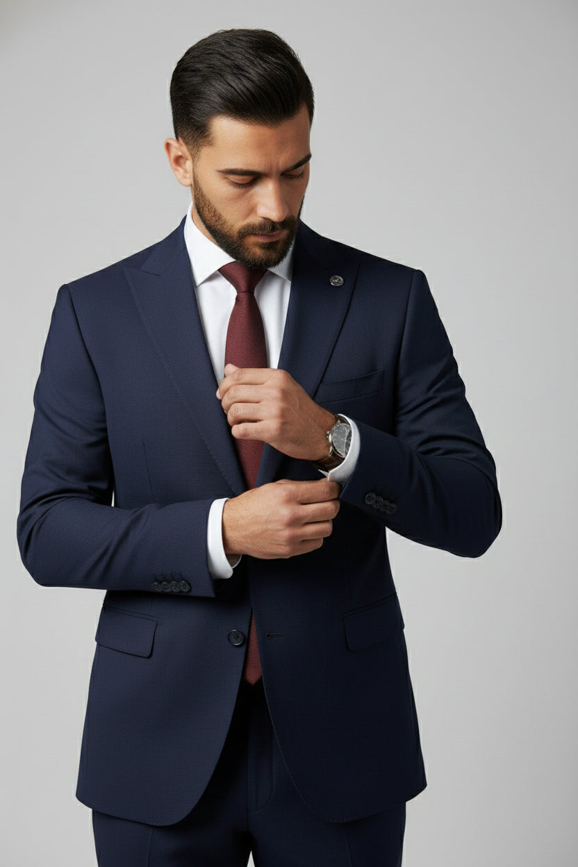 Man adjusting navy two-piece slim fit suit with peak lapel and burgundy tie.