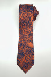 Orange paisley pattern silk tie with standard width for formal events.