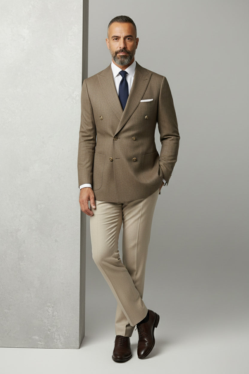 Man wearing brown double-breasted herringbone suit with tailored fit and beige trousers.