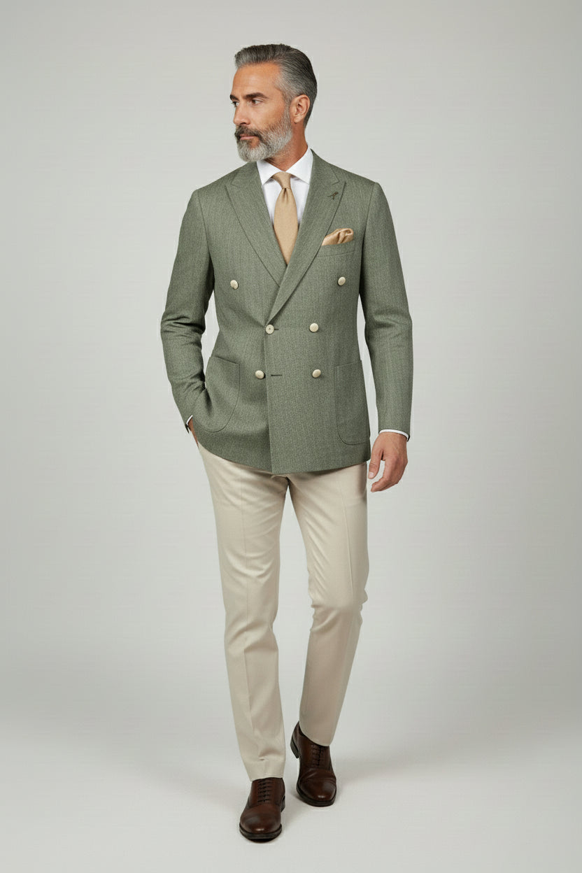 Man in sage green double-breasted suit with beige trousers, perfect for summer events.
