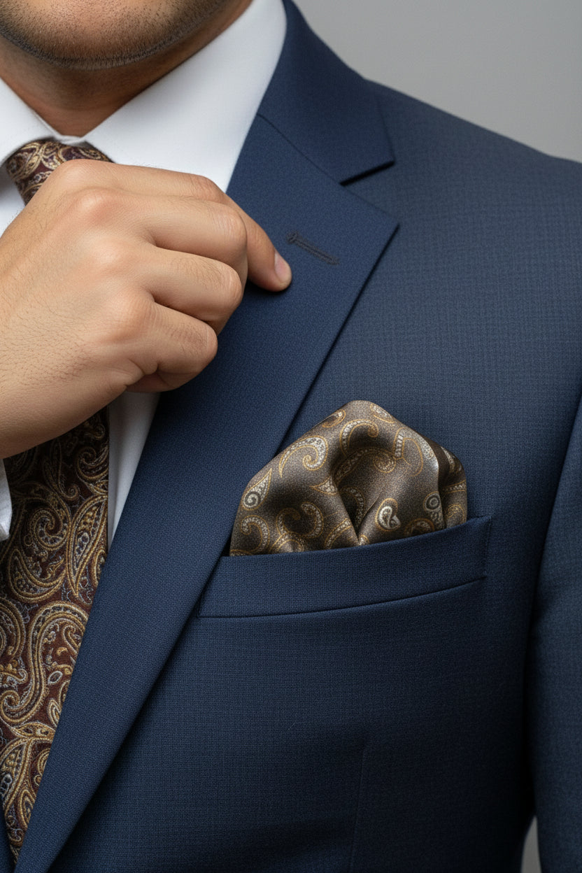 Brown paisley silk pocket square styled in navy suit jacket pocket.