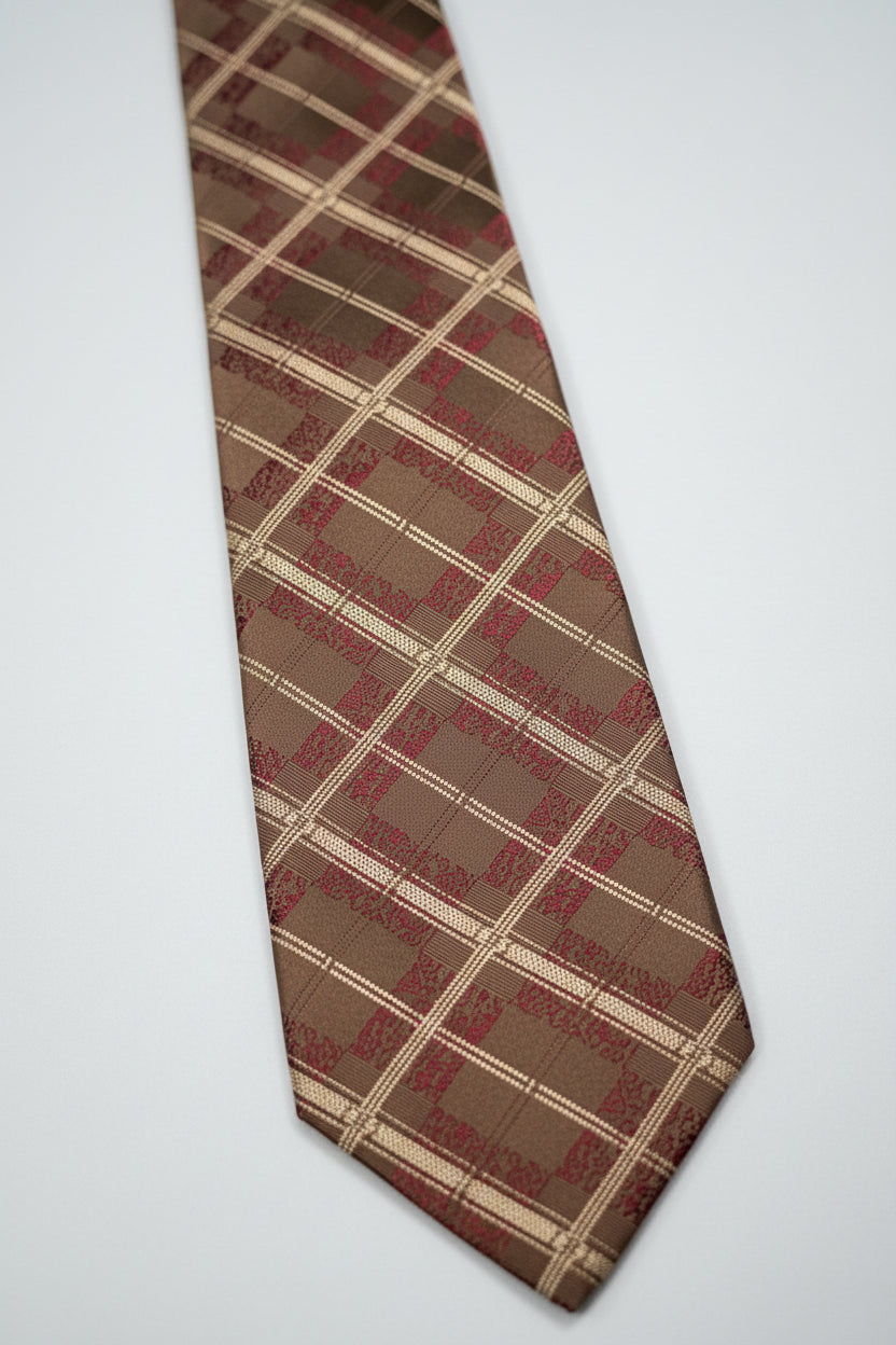 Brown plaid silk tie with intricate patterns, perfect for formal occasions.