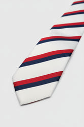 White striped silk tie featuring red and navy blue stripes, perfect for formal wear.