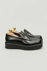 Black Glossy Leather Loafers with Raised Sole
