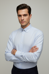 Light Blue Herringbone Dress Shirt with Collar Bar