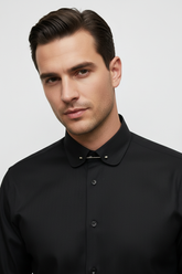 Black Herringbone Dress Shirt with Collar Bar