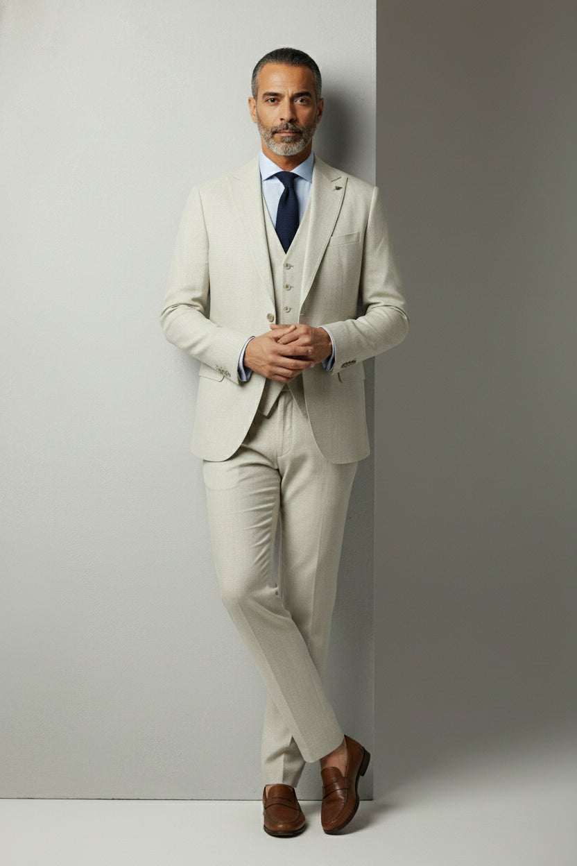 Man in beige three-piece suit with notched lapel, ideal for summer weddings.