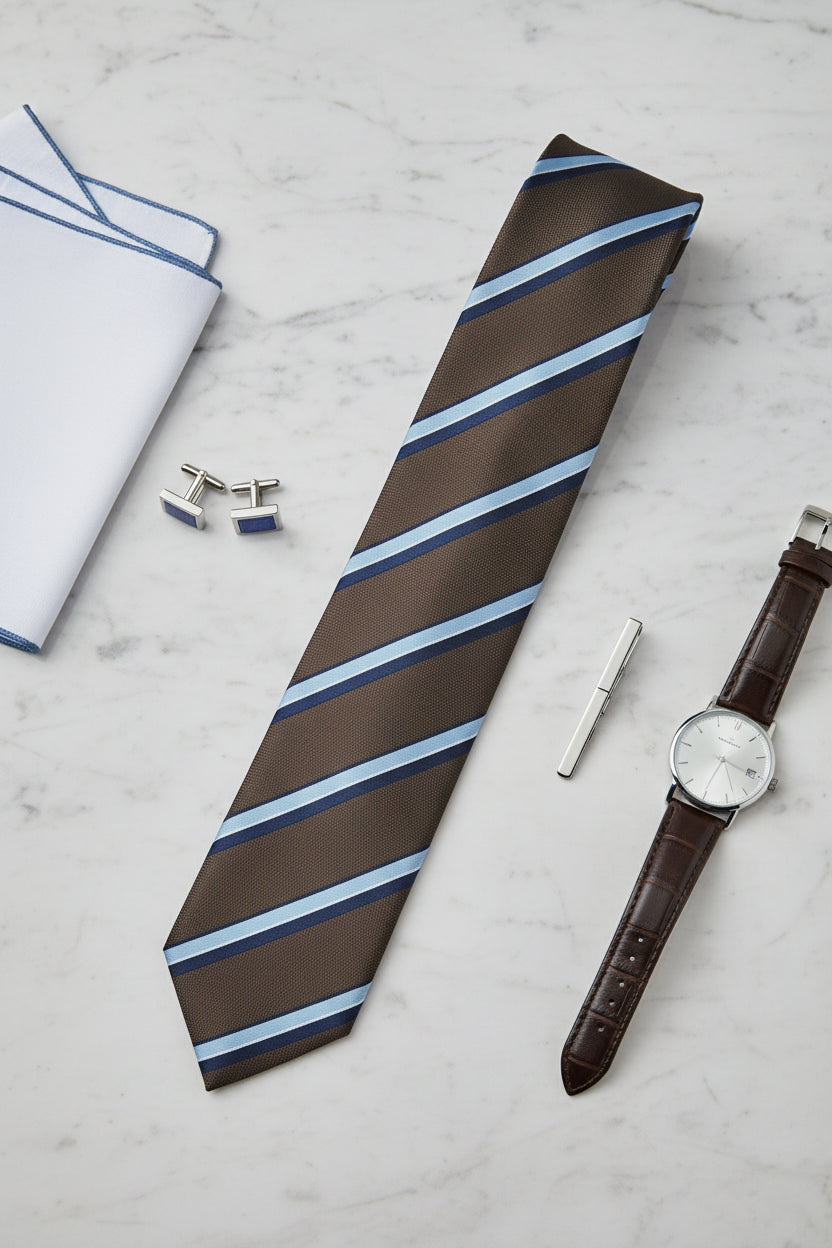 Brown and Blue Striped Silk Tie