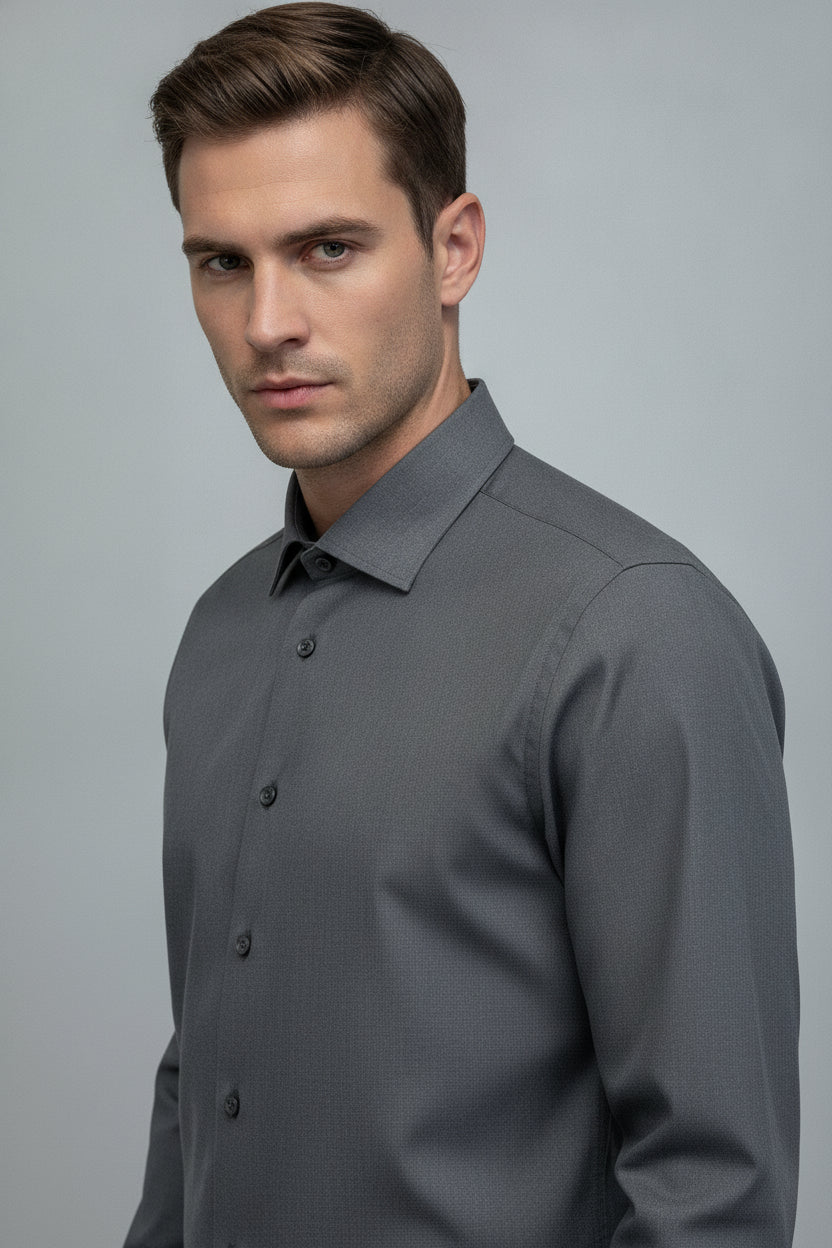 Man wearing charcoal grey formal shirt with button closure - Suit Sartoria UAE