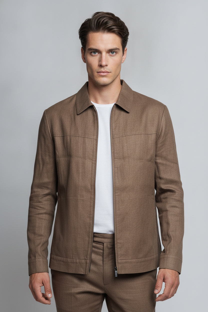 Man wearing chocolate brown safari suit with zipper front - Suit Sartoria UAE