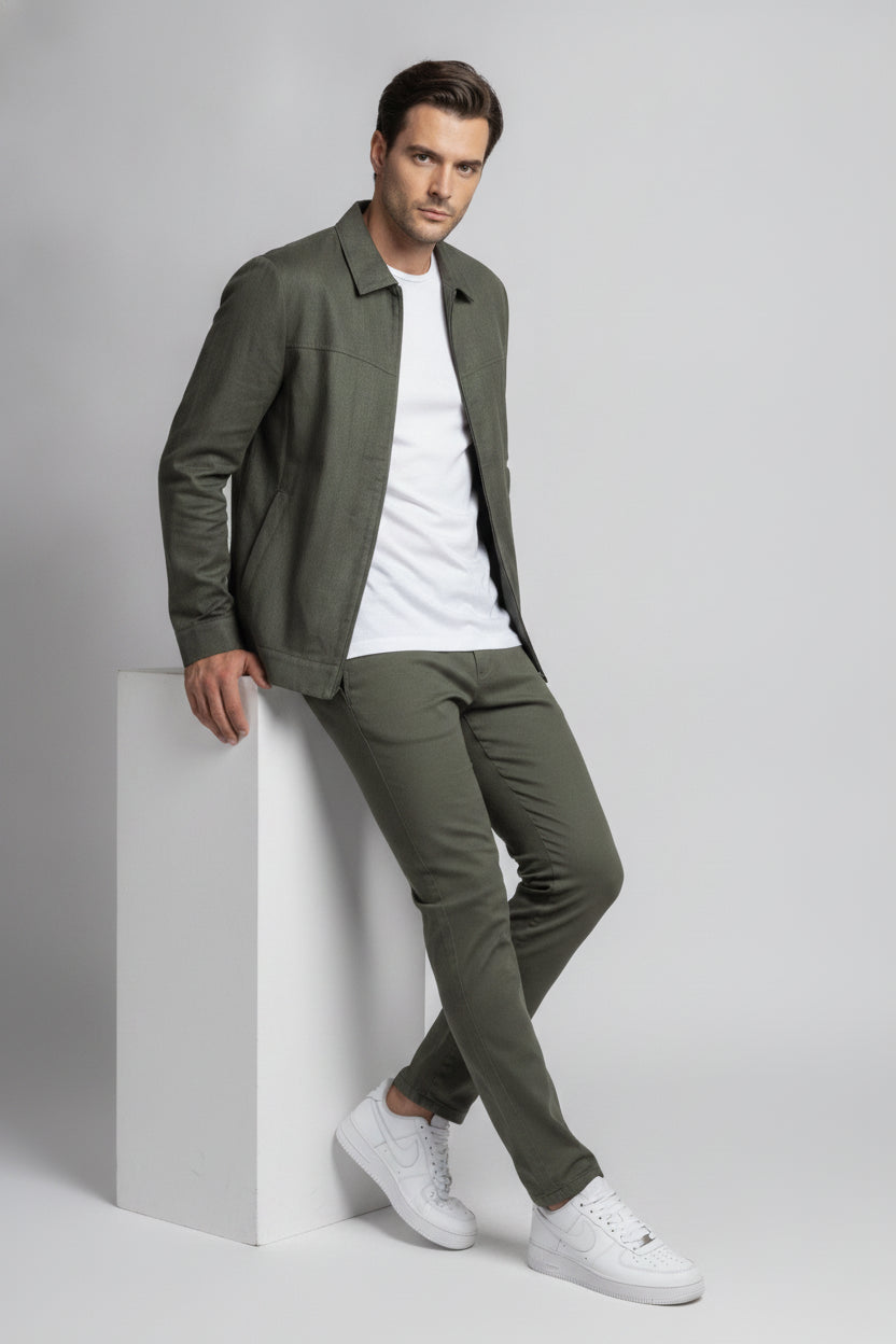 Man wearing forest green zipped safari suit - Suit Sartoria UAE