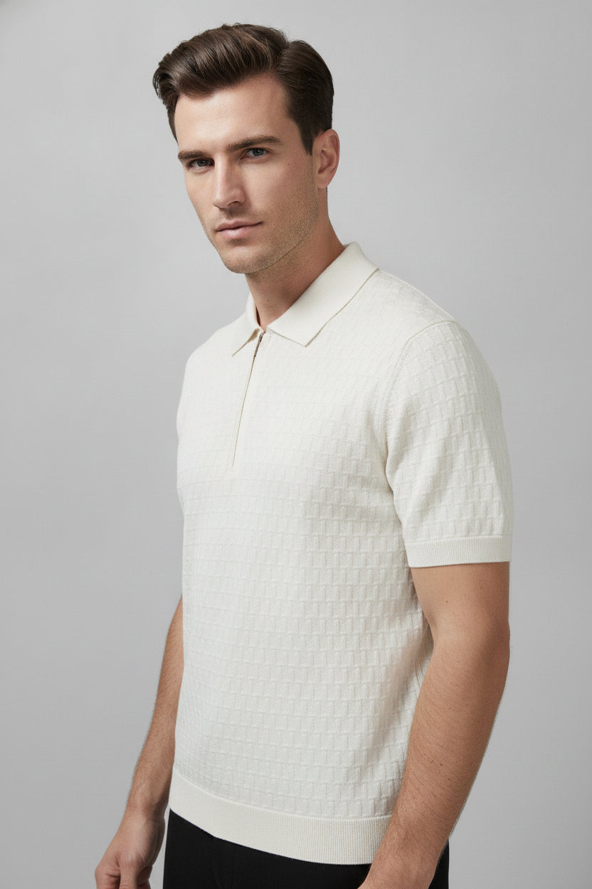 Man wearing off-white zip collar T-shirt - Suit Sartoria UAE