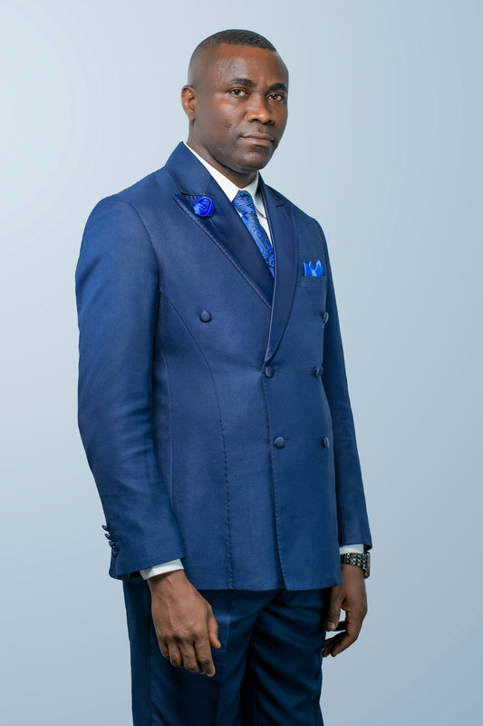 man in blue suit jacket