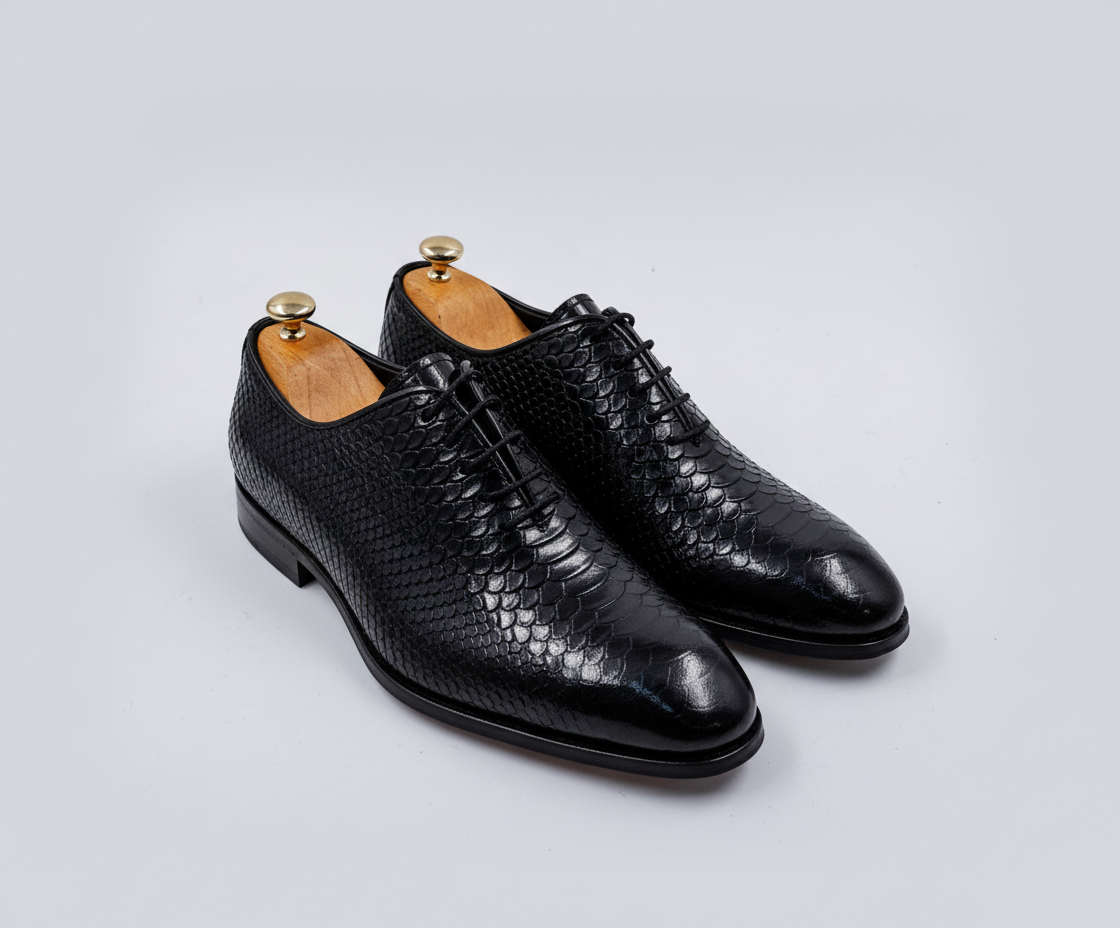 Black Textured Leather Oxford Shoes