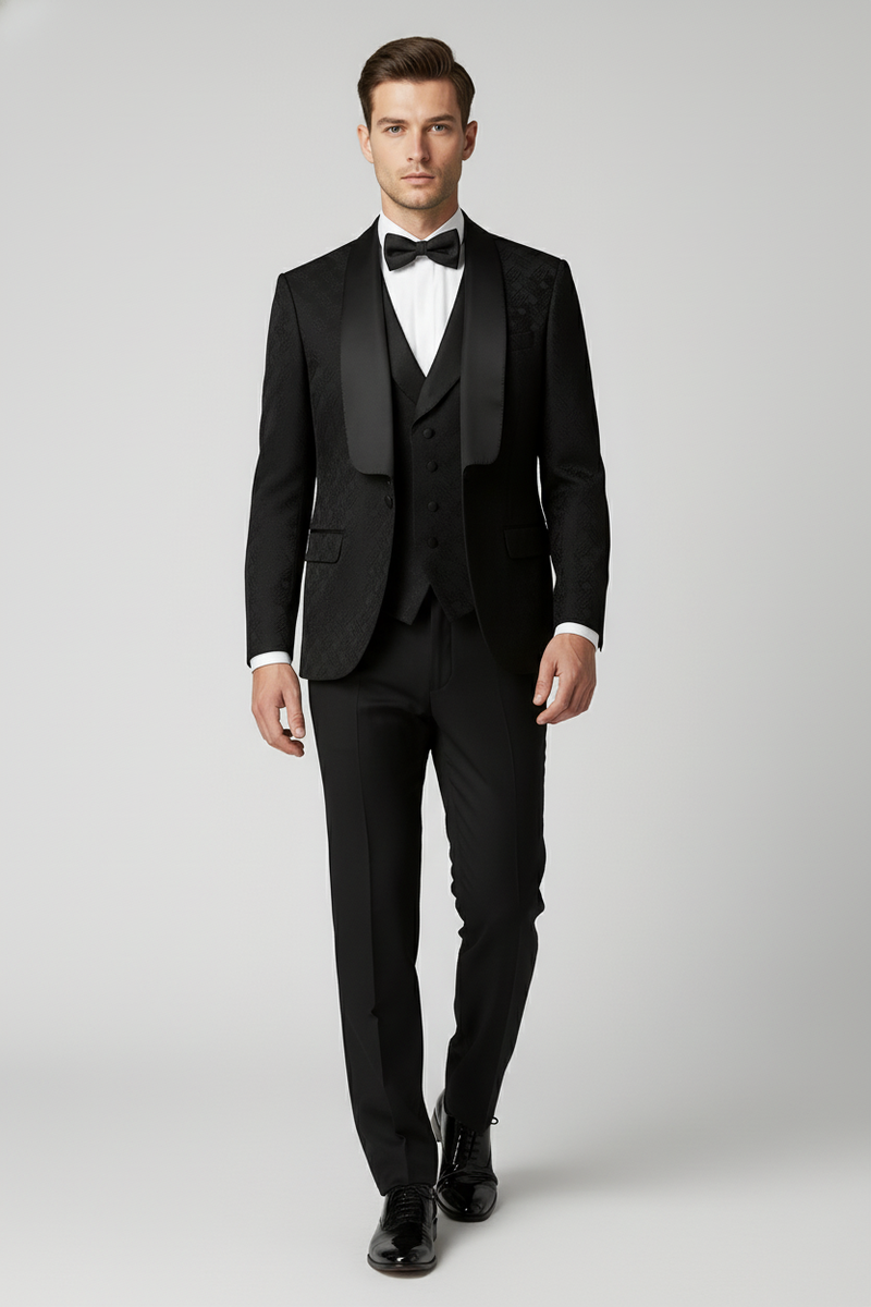 Black Jacquard Tuxedo with Satin Shawl Lapel