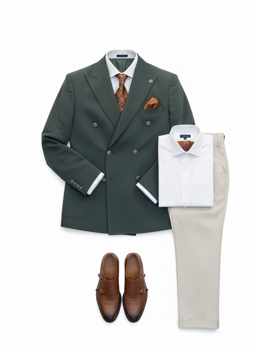 Sage Green & White Double-Breasted Combination Suit