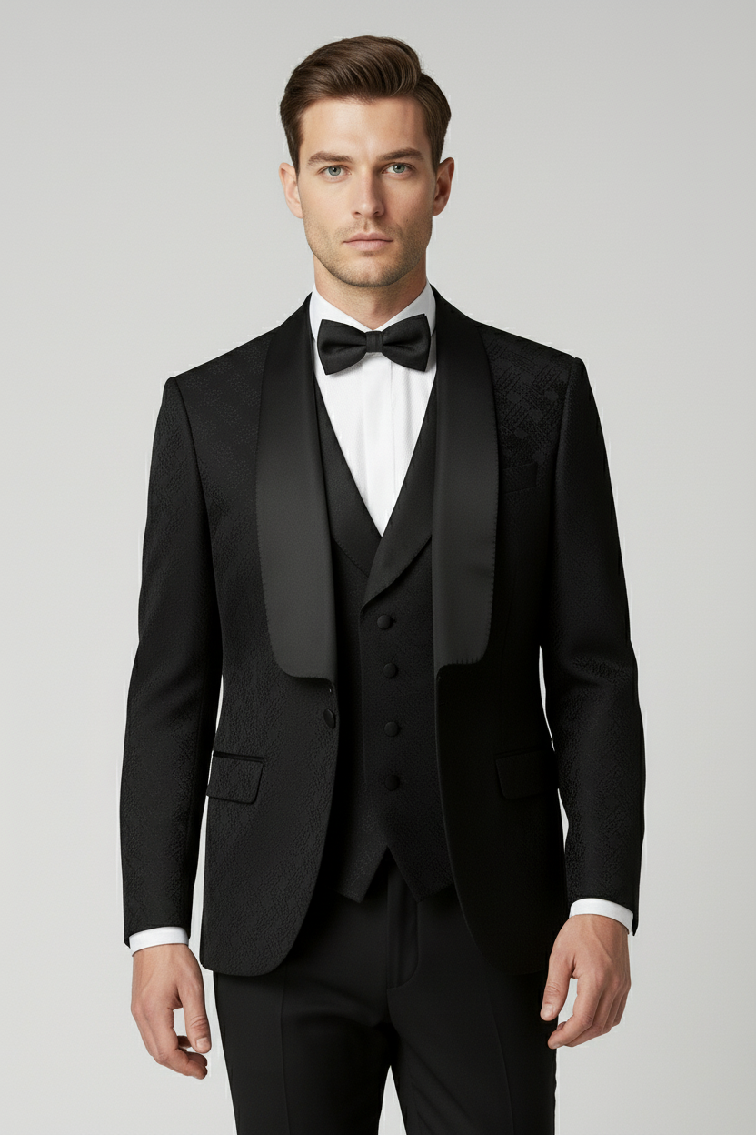 Black Jacquard Tuxedo with Satin Shawl Lapel