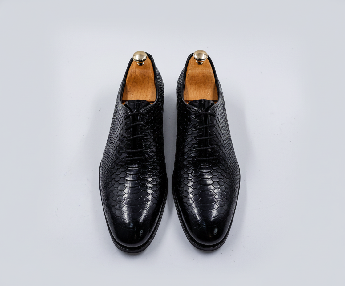 Black Textured Leather Oxford Shoes
