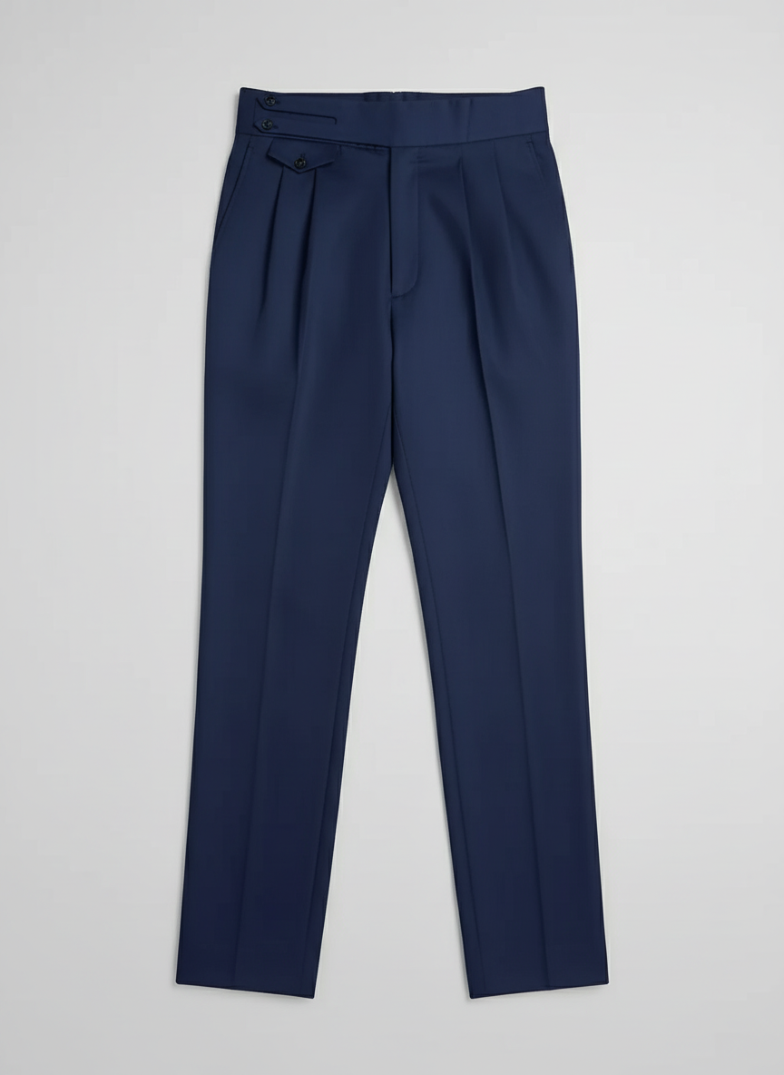 Navy Pleated Trousers with Side Tabs