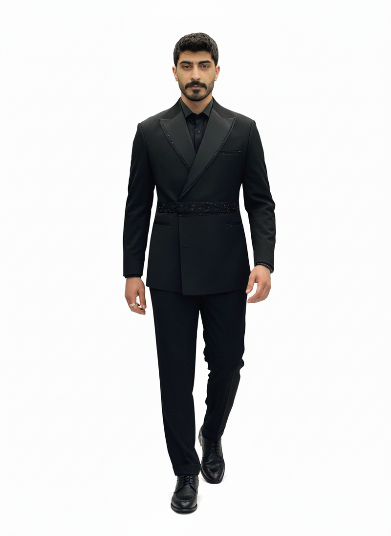 Black Embellished Tuxedo Suit