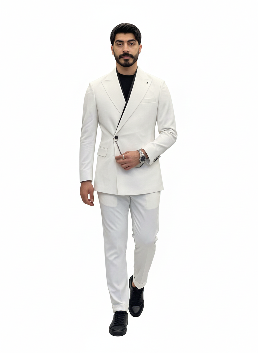 White Double-Breasted Suit with Black Stripe Detail