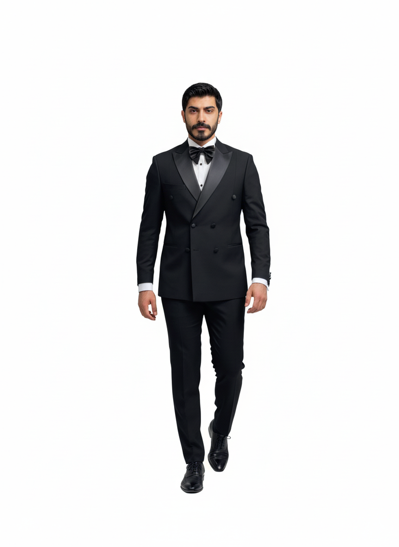 Black Double-Breasted Peak Lapel Tuxedo