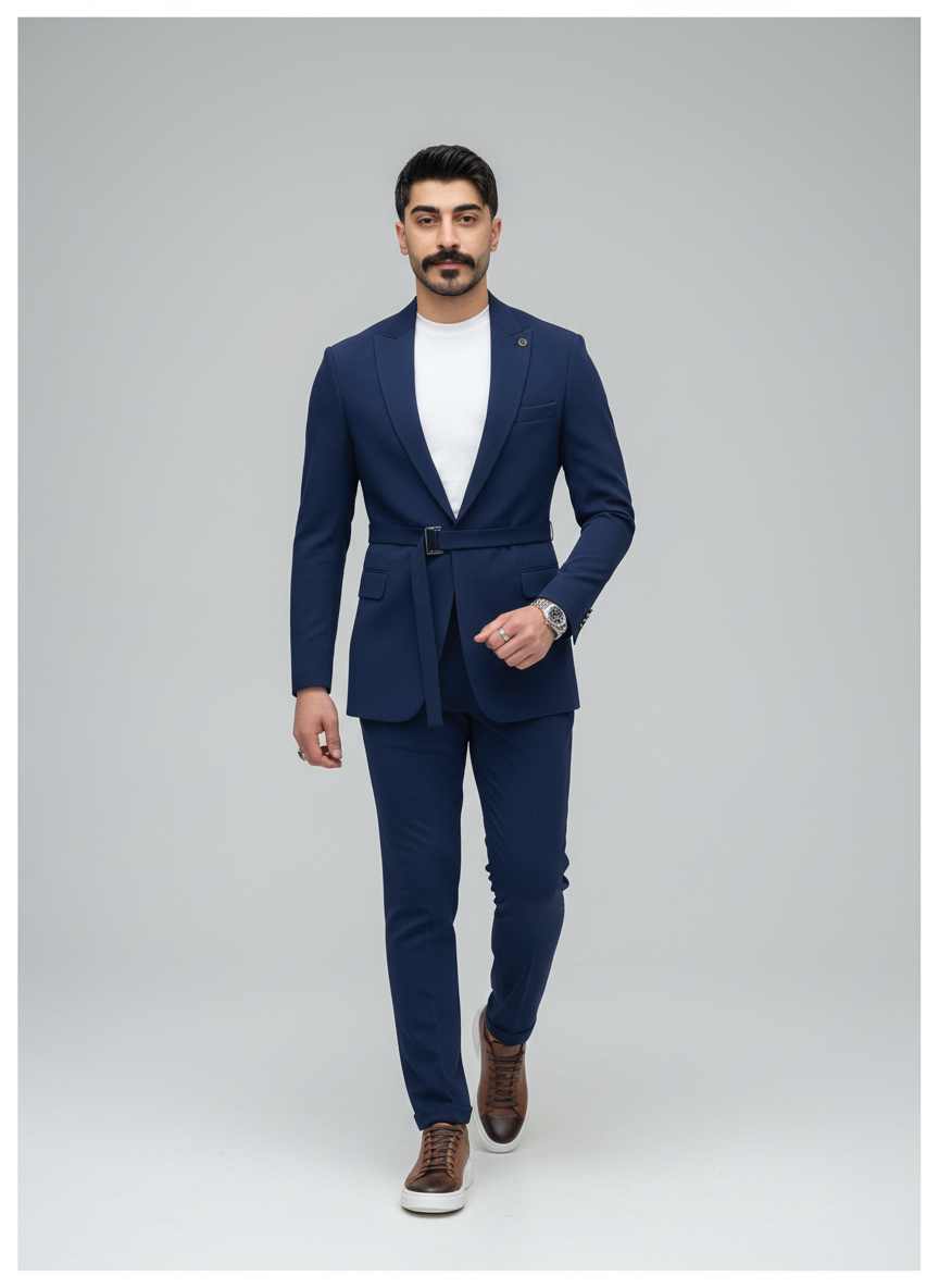 Navy Belted Modern Suit