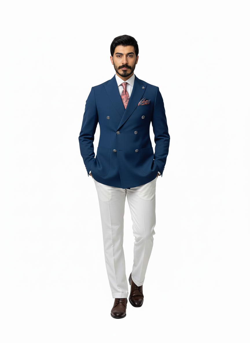 Blue & White Double-Breasted Combination Suit