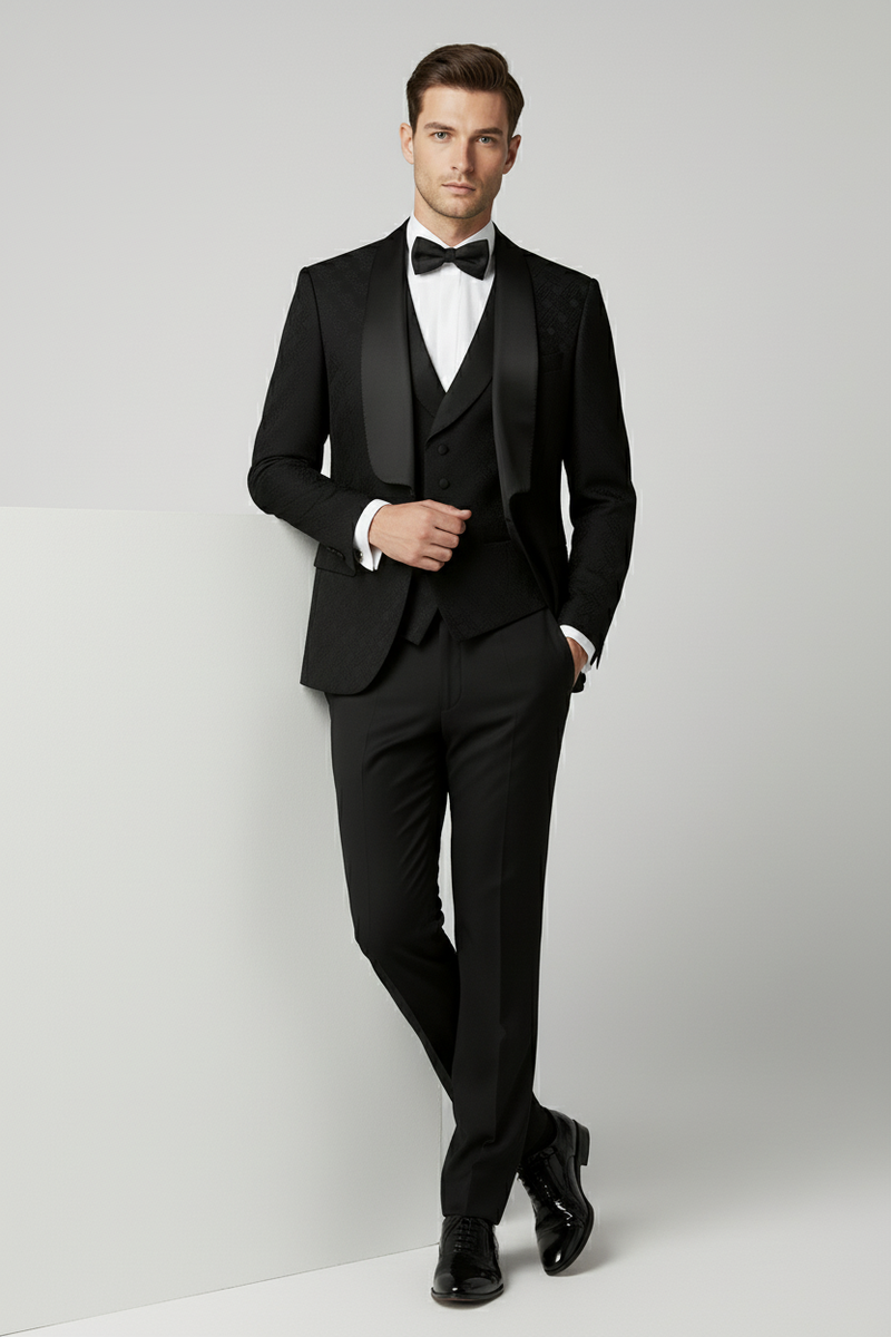 Black Jacquard Tuxedo with Satin Shawl Lapel
