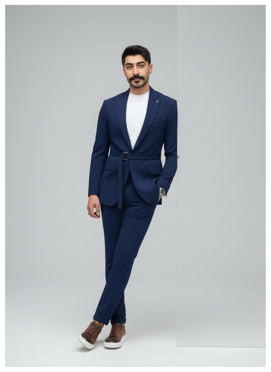 Navy Belted Modern Suit