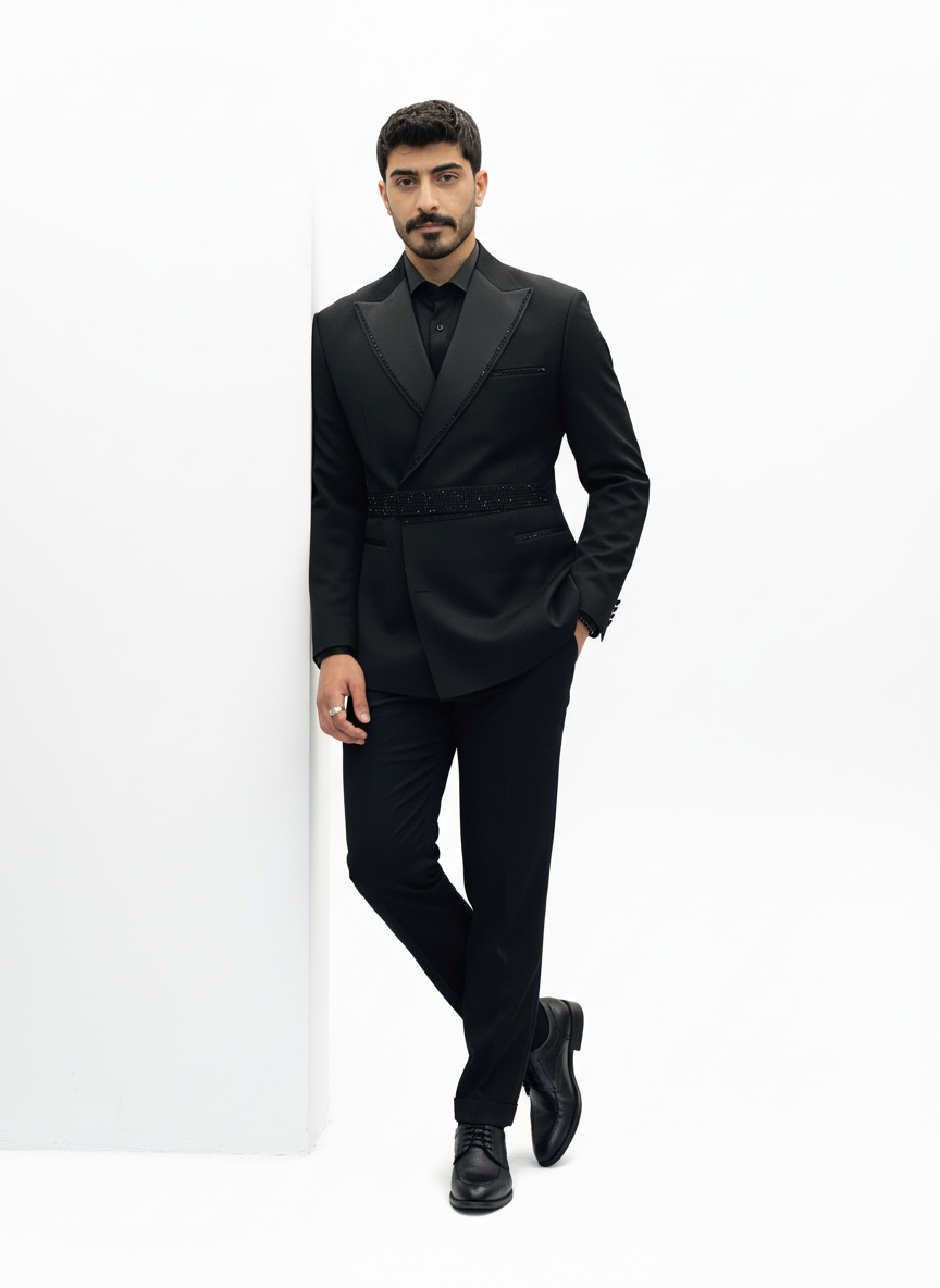 Black Embellished Tuxedo Suit