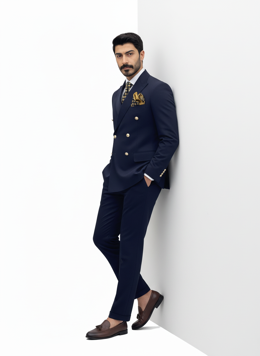 Navy Double-Breasted Suit with Gold Buttons