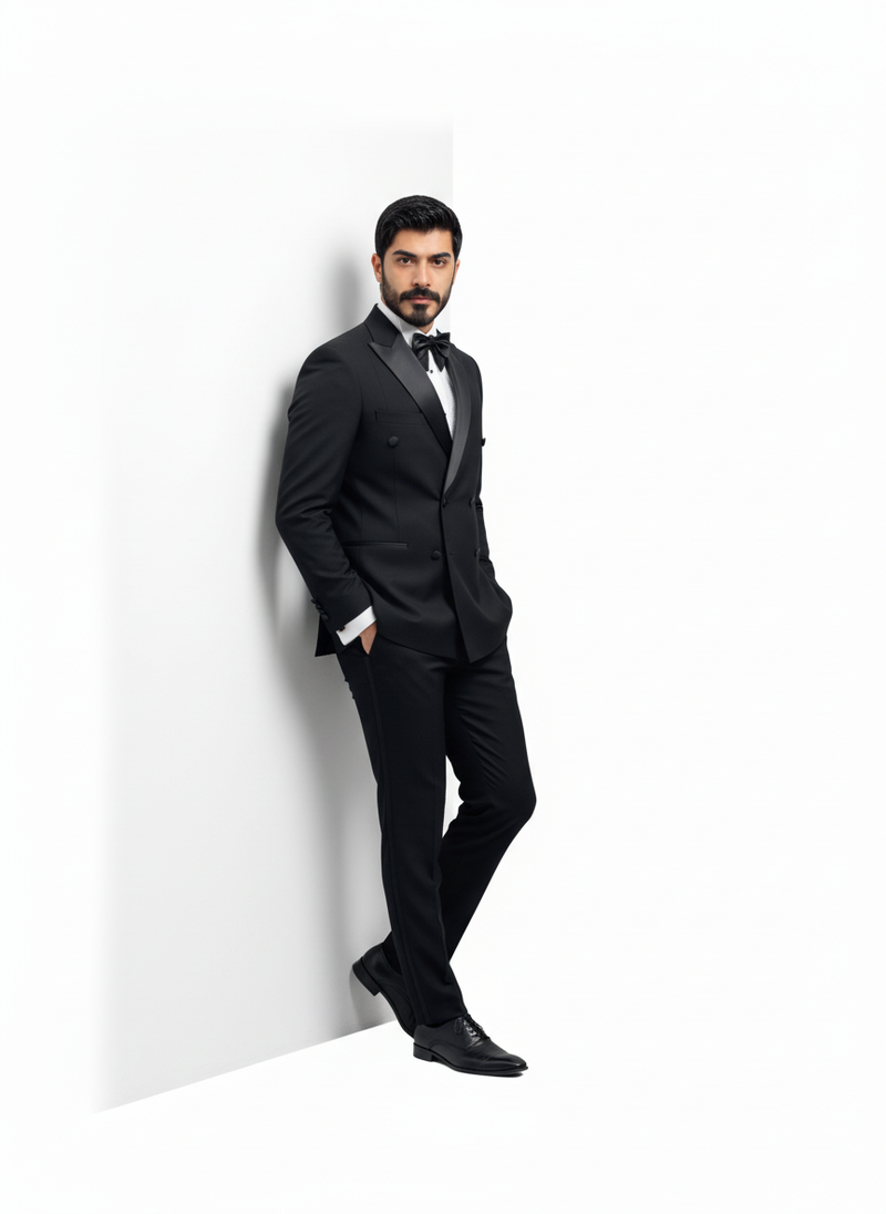 Black Double-Breasted Peak Lapel Tuxedo
