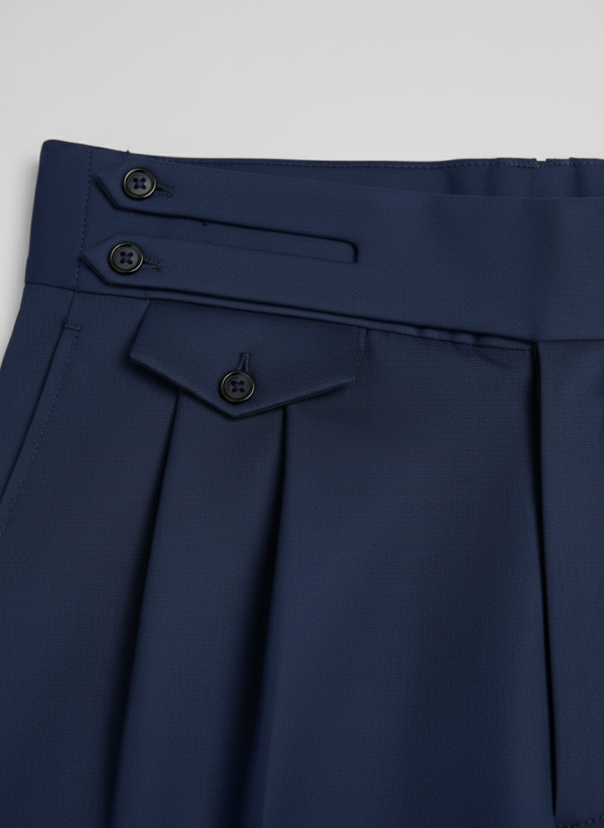 Navy Pleated Trousers with Side Tabs