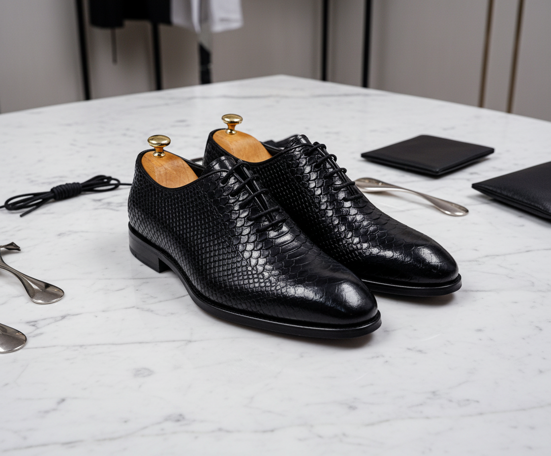Black Textured Leather Oxford Shoes