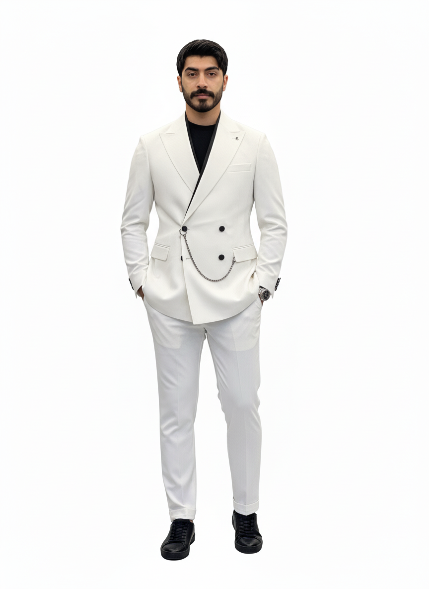 White Double-Breasted Suit with Black Stripe Detail