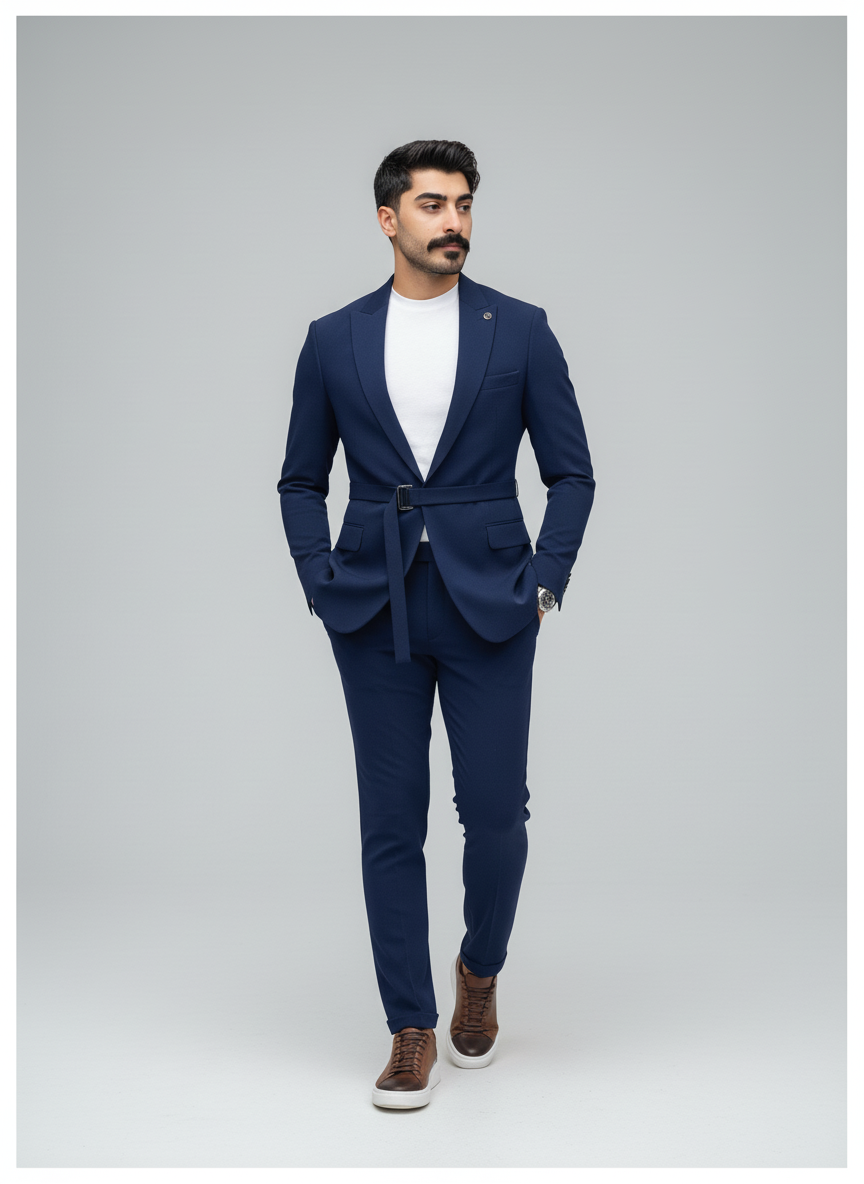 Navy Belted Modern Suit