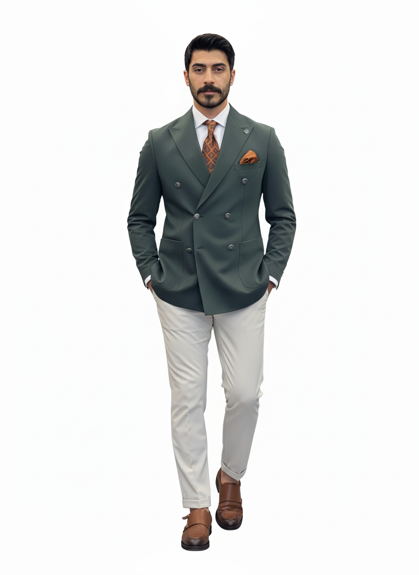 Sage Green & White Double-Breasted Combination Suit