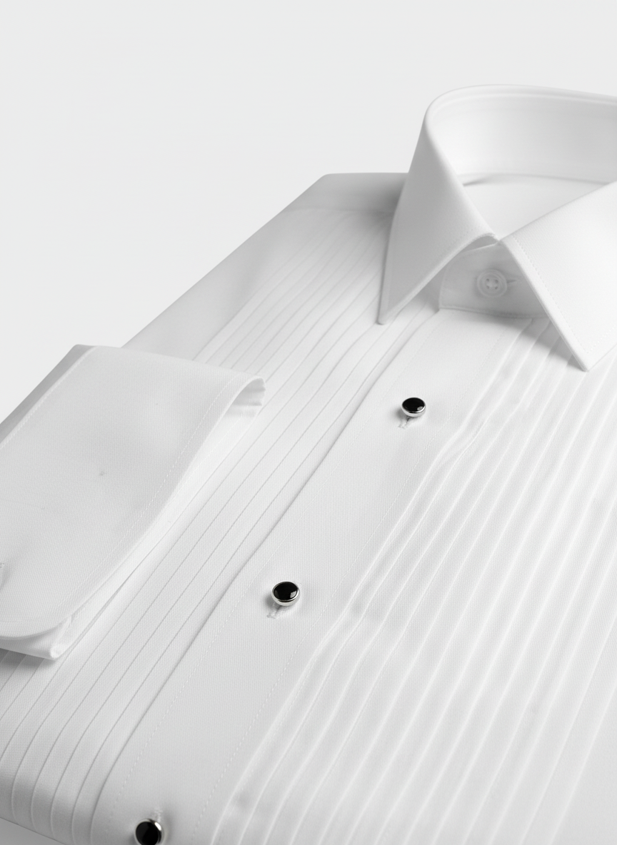 White Pleated Tuxedo Shirt with Studs