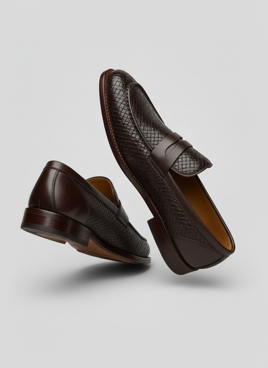 Brown Embossed Leather Loafers