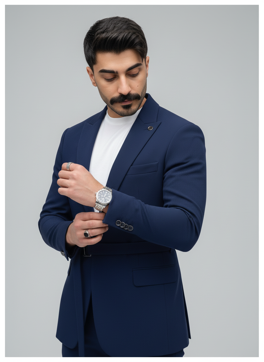Navy Belted Modern Suit