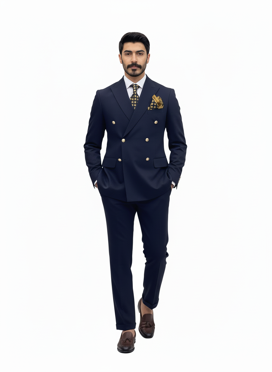 Navy Double-Breasted Suit with Gold Buttons