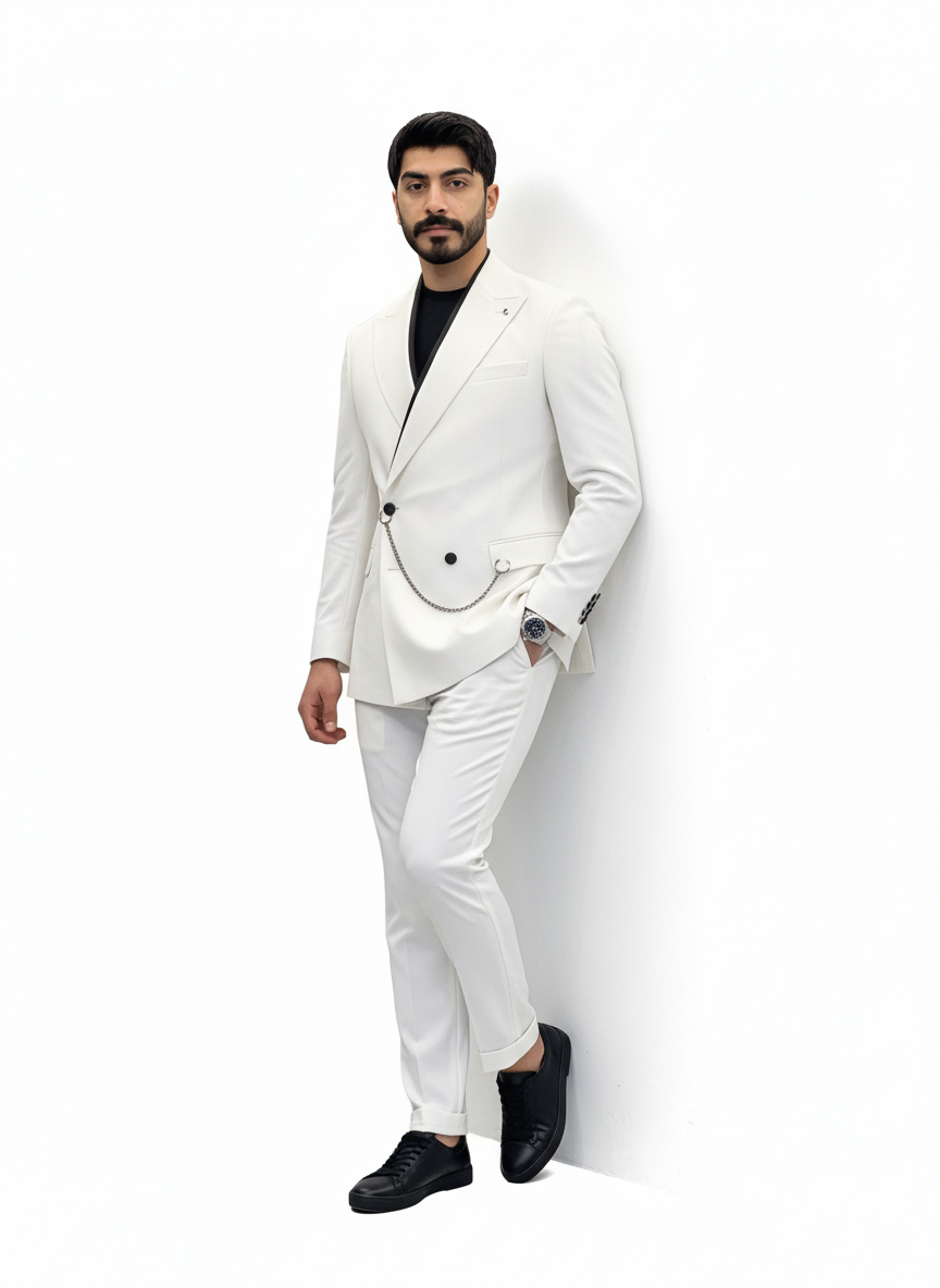 White Double-Breasted Suit with Black Stripe Detail
