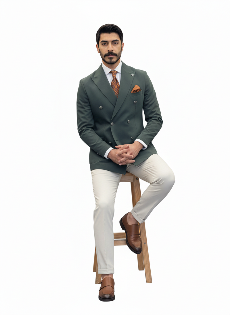 Sage Green & White Double-Breasted Combination Suit