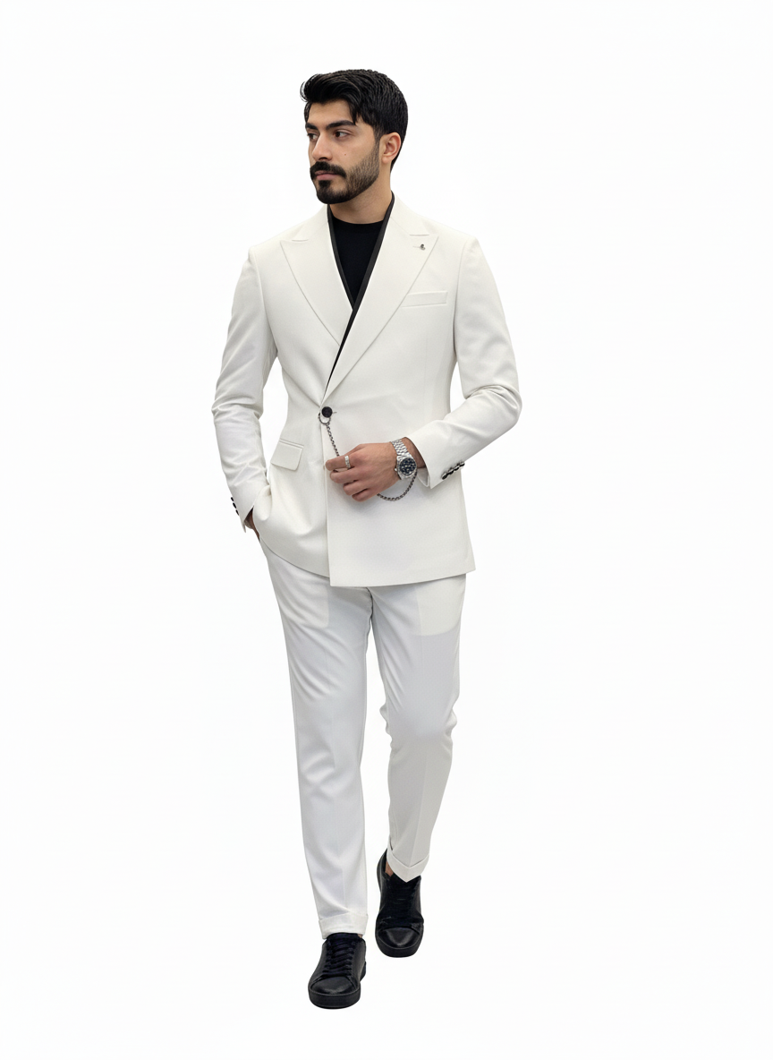 White Double-Breasted Suit with Black Stripe Detail