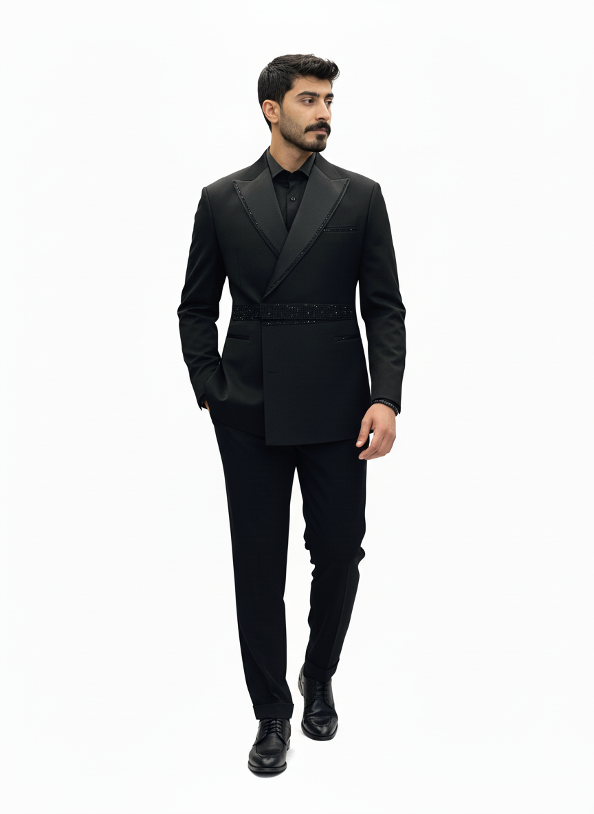 Black Embellished Tuxedo Suit