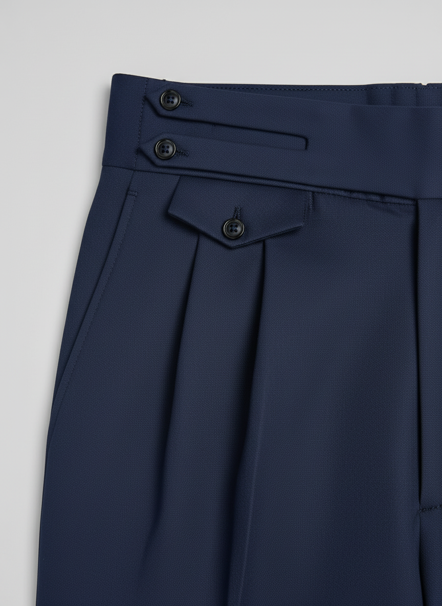 Navy Pleated Trousers with Side Tabs