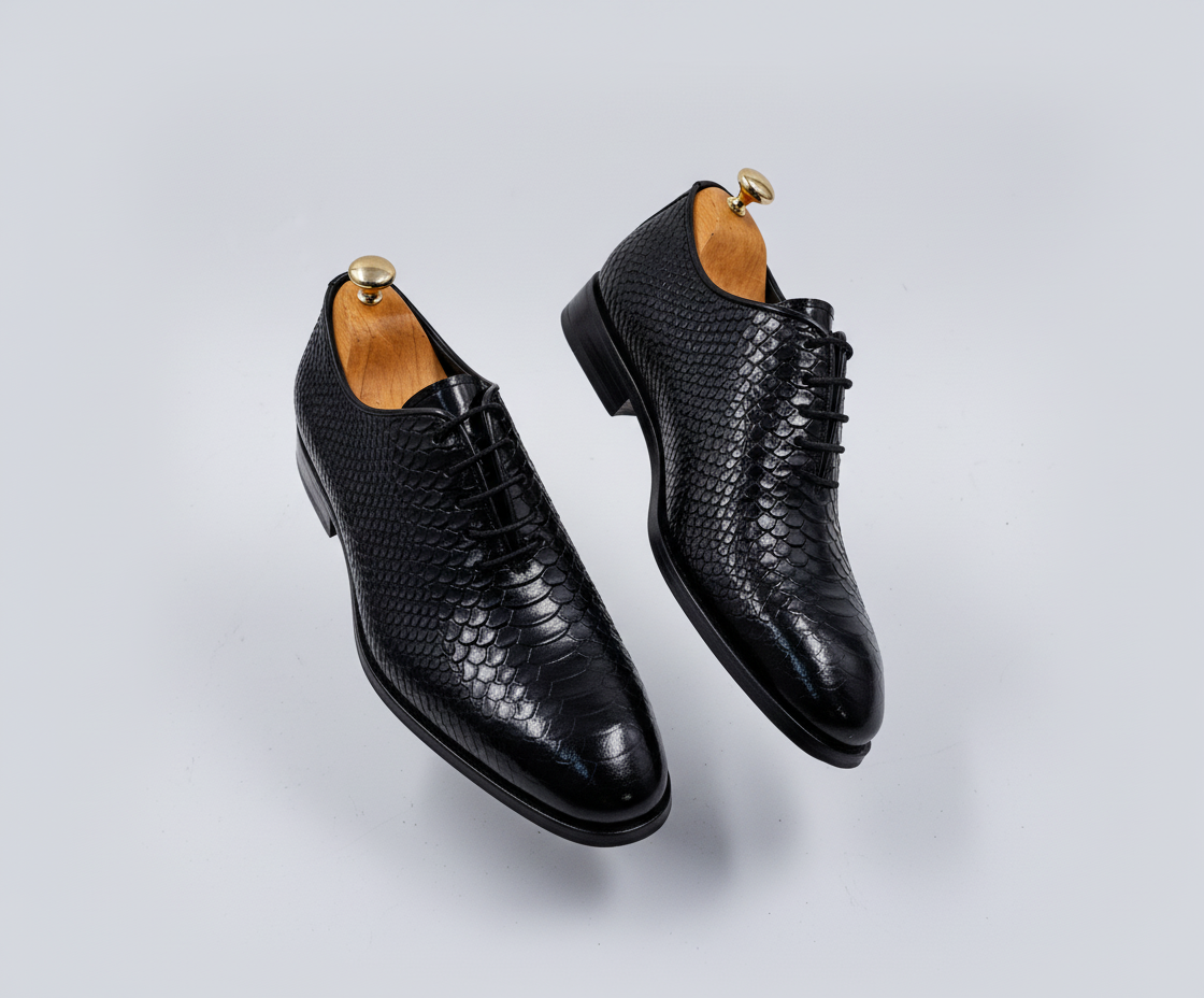 Black Textured Leather Oxford Shoes